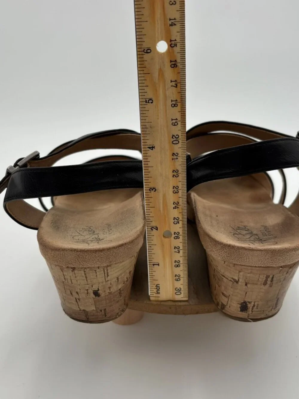 LifeStride Maple Black Faux Leather Strappy Slingback Cork Wedge Sandals 9W